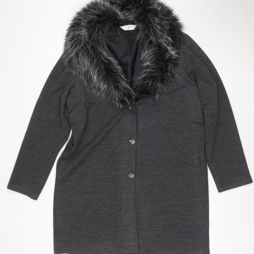 TU Women's Grey UK 18 Faux Fur Trim Overcoat Button Long Sleeve