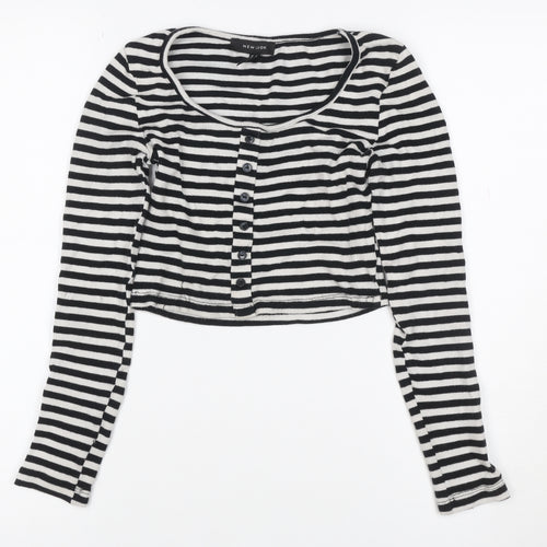 New Look Women Black White Striped Cropped Henley T-Shirt UK 6