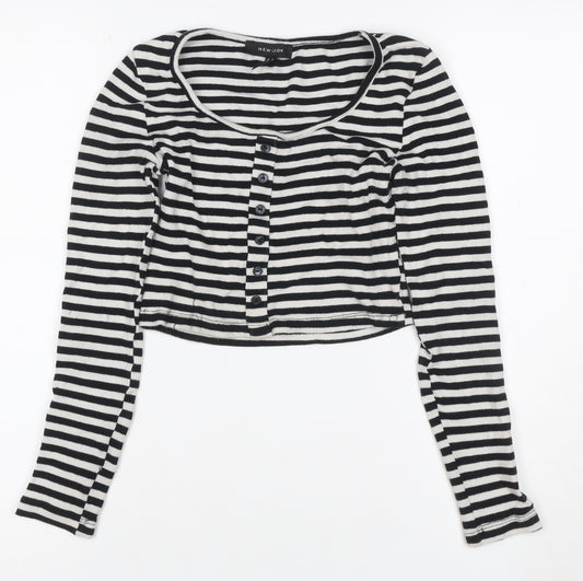 New Look Women Black White Striped Cropped Henley T-Shirt UK 6