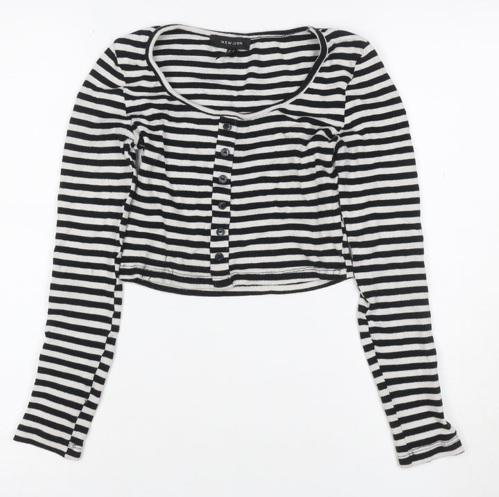 New Look Women Black White Striped Cropped Henley T-Shirt UK 6
