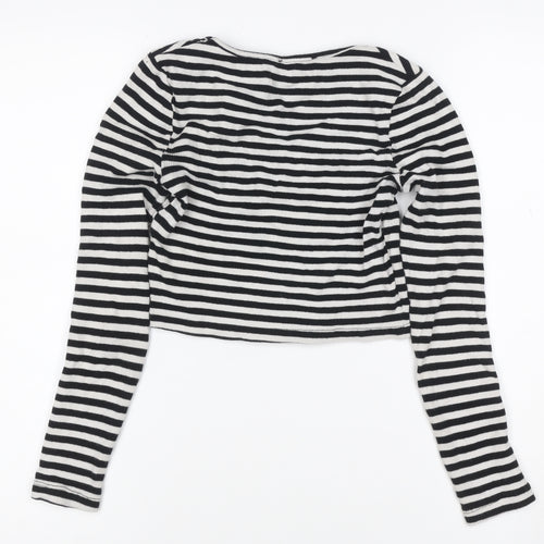 New Look Women Black White Striped Cropped Henley T-Shirt UK 6