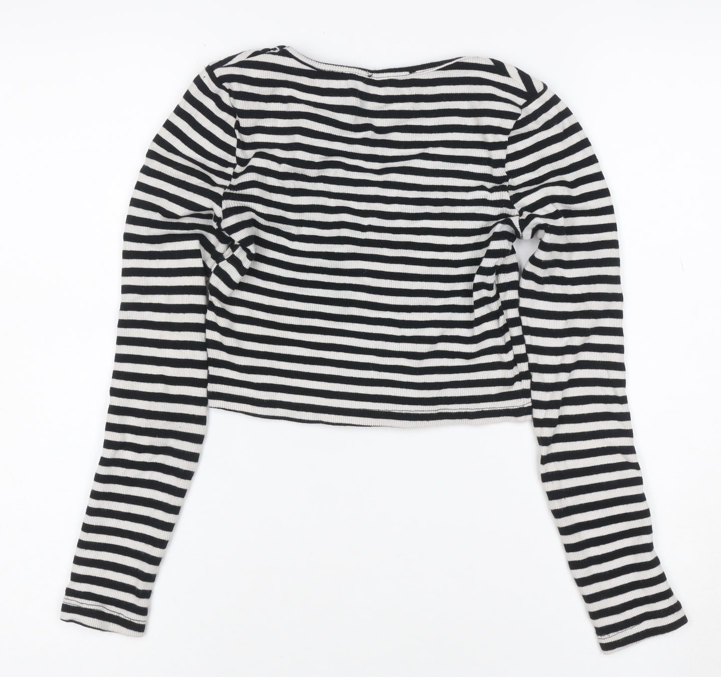 New Look Women Black White Striped Cropped Henley T-Shirt UK 6