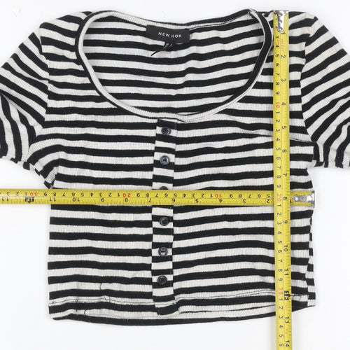 New Look Women Black White Striped Cropped Henley T-Shirt UK 6