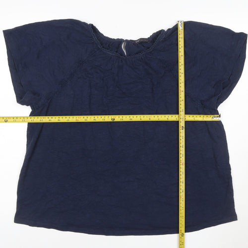 Marks & Spencer Women Blue UK 16 Cotton Crochet Cap Sleeve Blouse