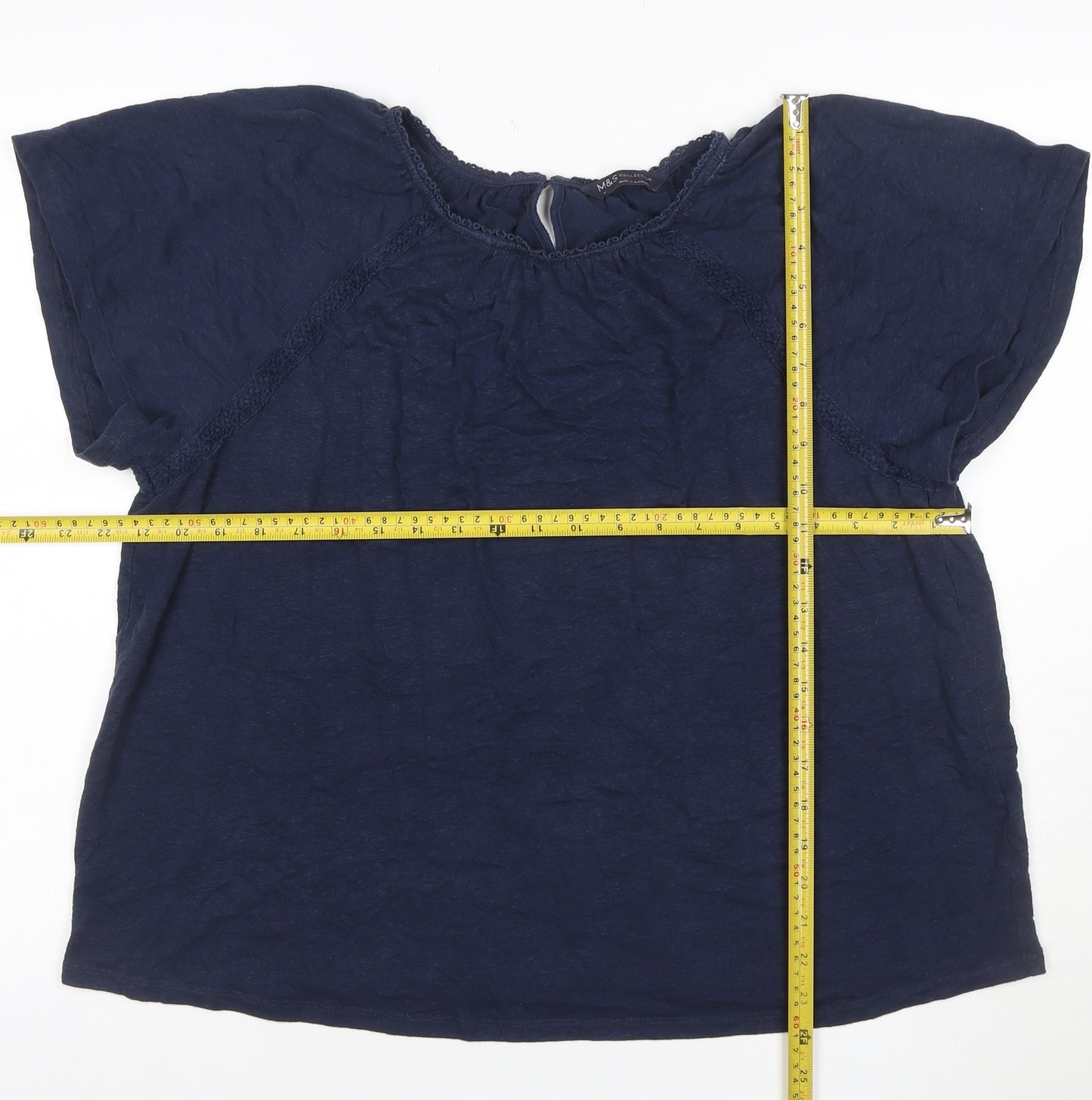 Marks & Spencer Women Blue UK 16 Cotton Crochet Cap Sleeve Blouse