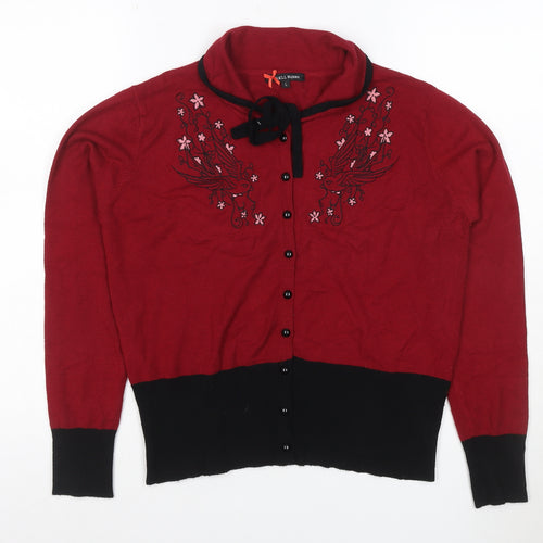Hell Bunny Women’s Red Bird Embroidered Bow Knit Cardigan L