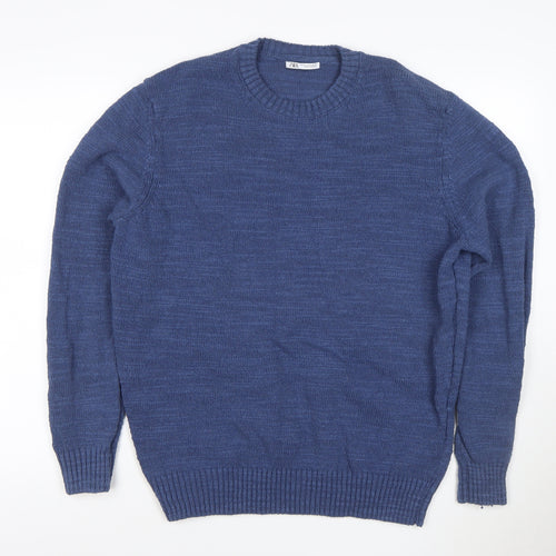 Zara Men’s Blue Crew Neck Knit Pullover Jumper Size M Cotton Blend