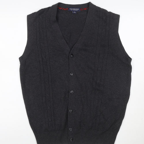 Roundtree & Yorke Men Grey L Cable Knit Button V-Neck Cardigan Vest