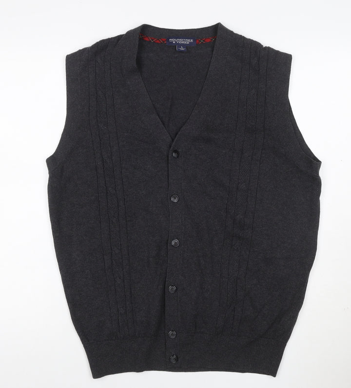 Roundtree & Yorke Men Grey L Cable Knit Button V-Neck Cardigan Vest