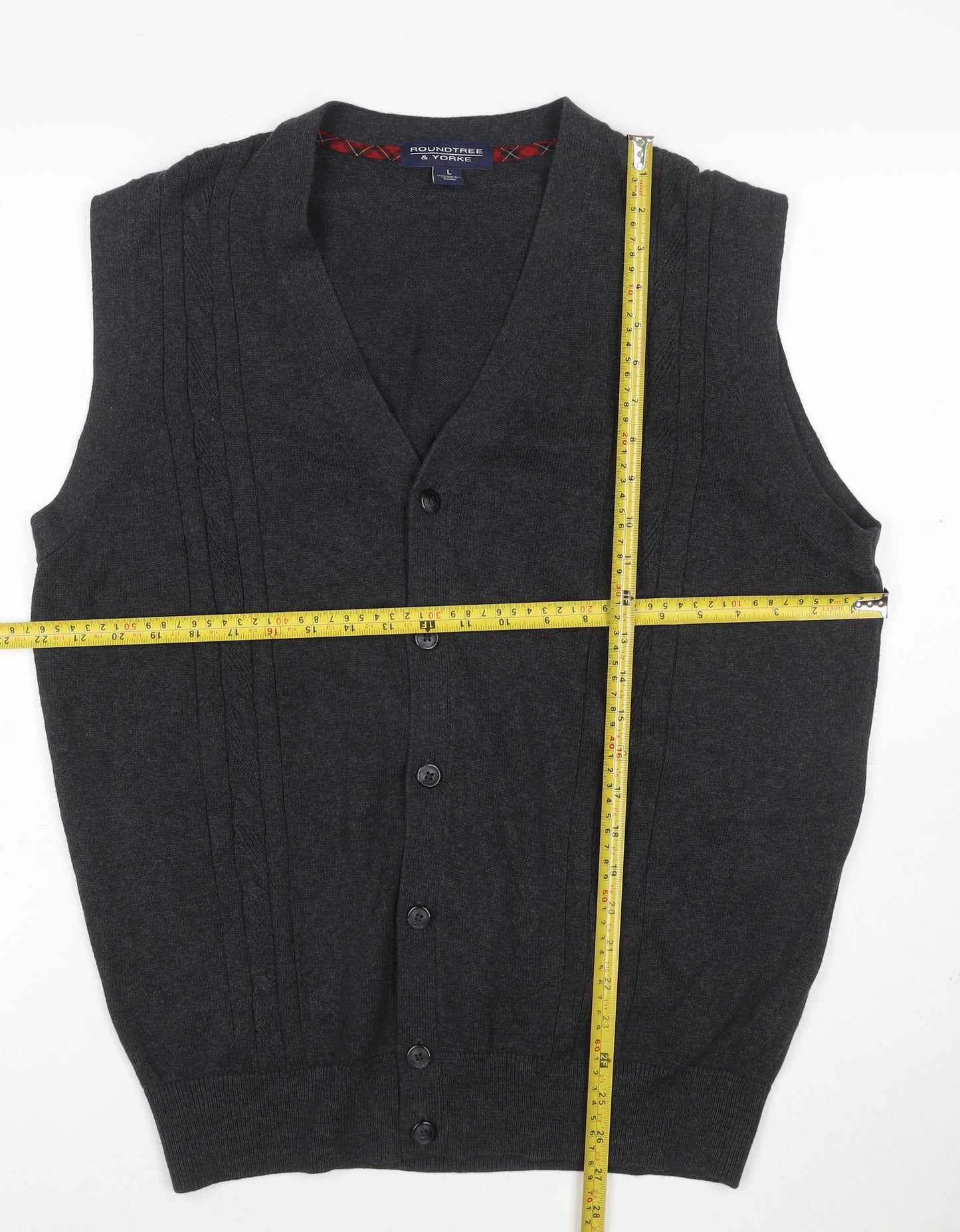Roundtree & Yorke Men Grey L Cable Knit Button V-Neck Cardigan Vest