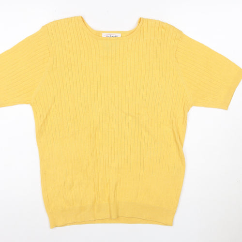 Talbots Women Yellow M Petite Ribbed Cotton Short Sleeve Knit Top