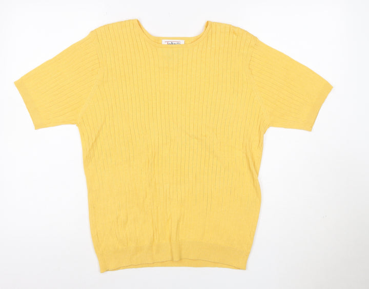 Talbots Women Yellow M Petite Ribbed Cotton Short Sleeve Knit Top