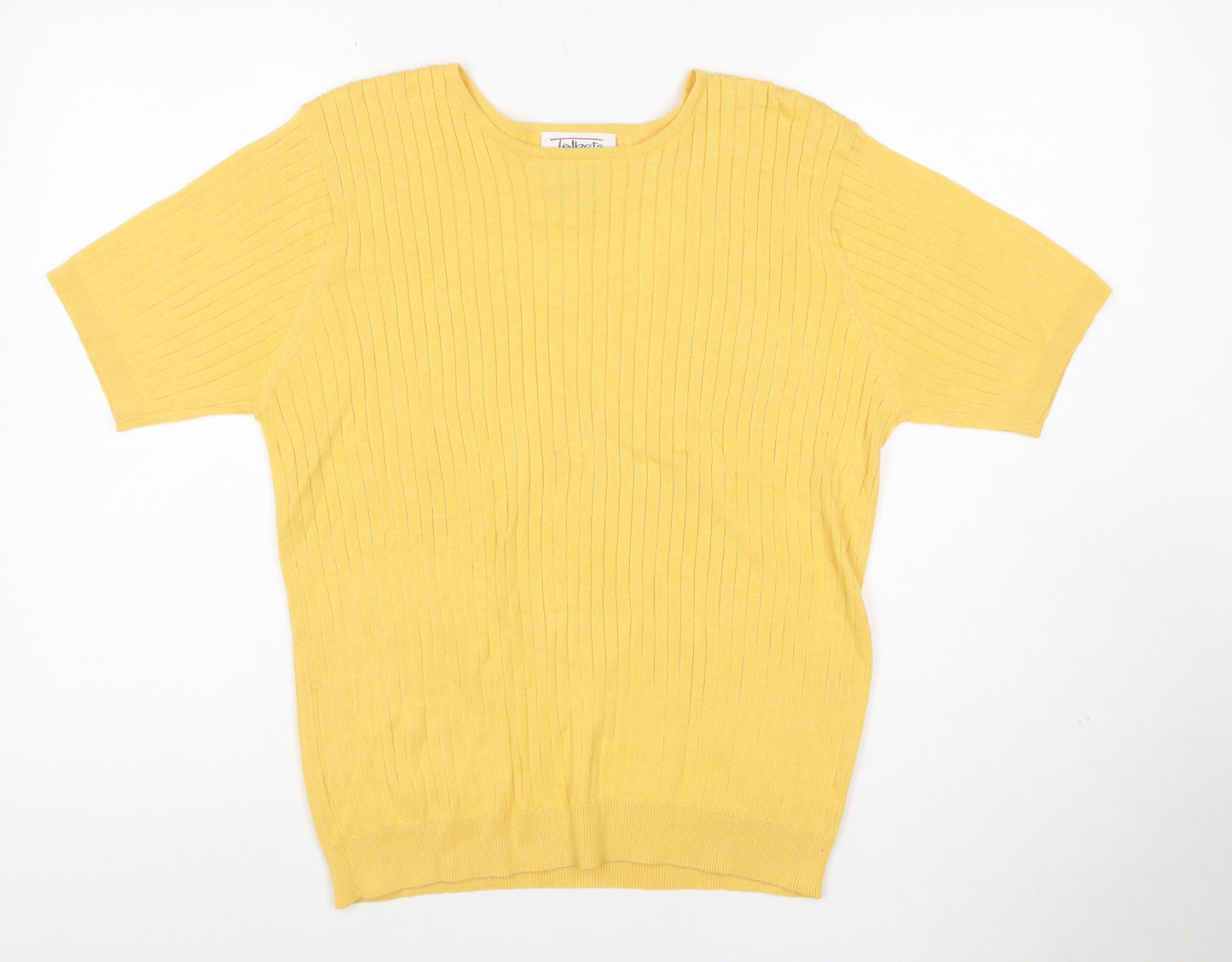 Talbots Women Yellow M Petite Ribbed Cotton Short Sleeve Knit Top