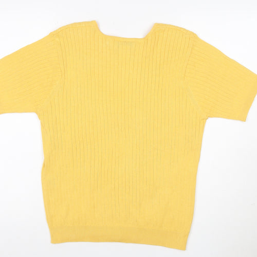 Talbots Women Yellow M Petite Ribbed Cotton Short Sleeve Knit Top