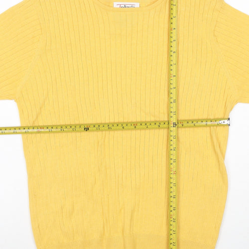 Talbots Women Yellow M Petite Ribbed Cotton Short Sleeve Knit Top