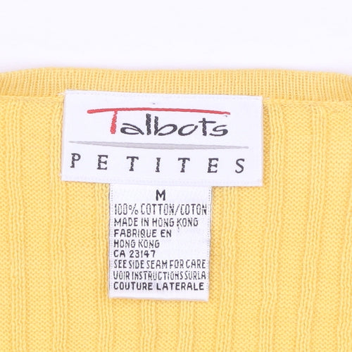 Talbots Women Yellow M Petite Ribbed Cotton Short Sleeve Knit Top