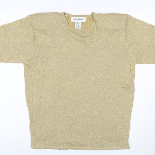 Casual Corner Women Gold Metallic Knit Top M Short Sleeve Crew Neck