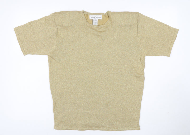 Casual Corner Women Gold Metallic Knit Top M Short Sleeve Crew Neck