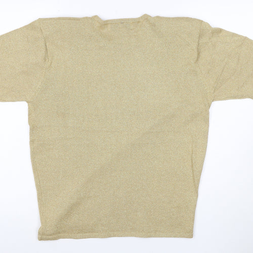 Casual Corner Women Gold Metallic Knit Top M Short Sleeve Crew Neck