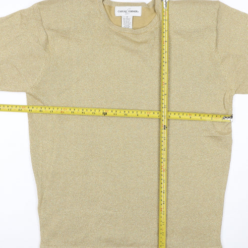 Casual Corner Women Gold Metallic Knit Top M Short Sleeve Crew Neck