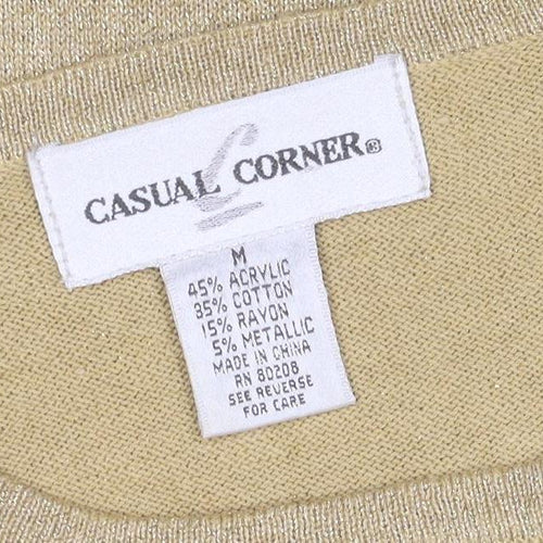 Casual Corner Women Gold Metallic Knit Top M Short Sleeve Crew Neck