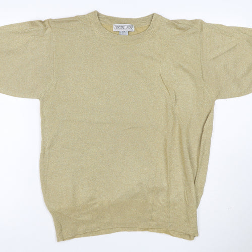 Crystal-Kobe Women Gold S Metallic Knit Short Sleeve Crew Neck Top