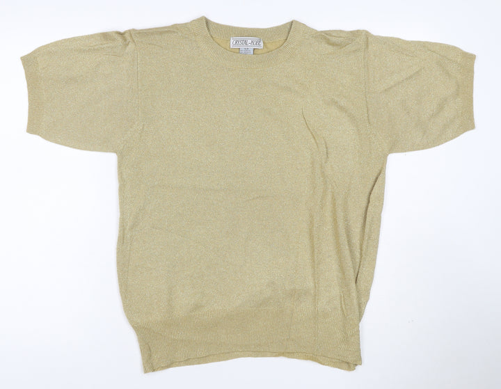 Crystal-Kobe Women Gold S Metallic Knit Short Sleeve Crew Neck Top