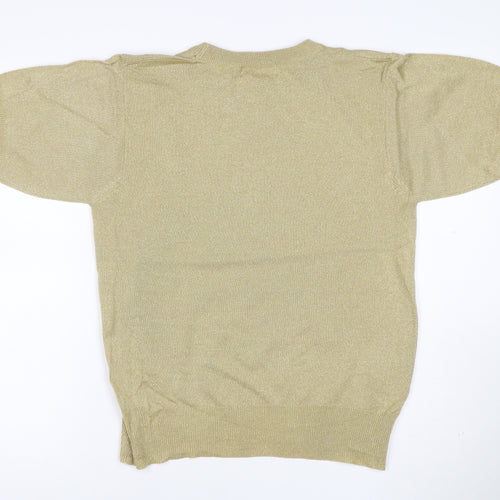 Crystal-Kobe Women Gold S Metallic Knit Short Sleeve Crew Neck Top
