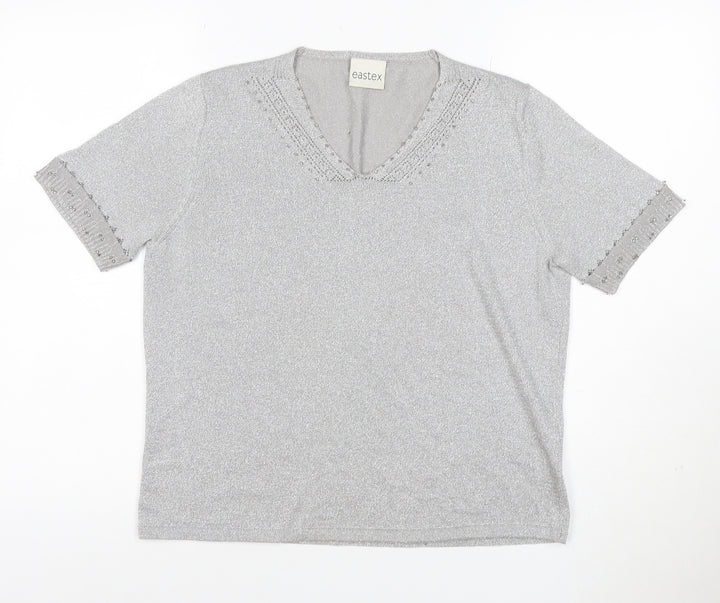 Eastex Women's Silver UK 14 V-Neck Beaded Metallic Knit T-Shirt