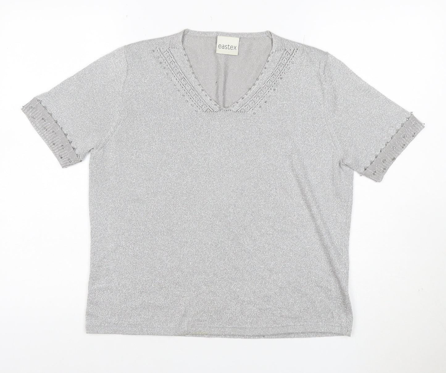 Eastex Women's Silver UK 14 V-Neck Beaded Metallic Knit T-Shirt
