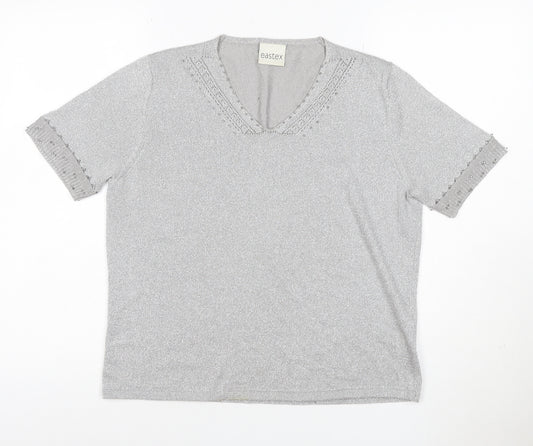 Eastex Women's Silver UK 14 V-Neck Beaded Metallic Knit T-Shirt