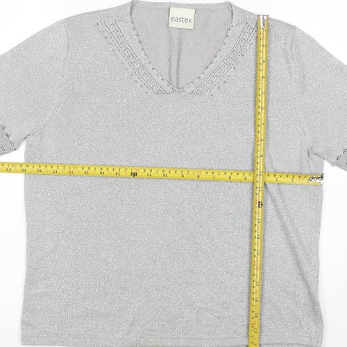 Eastex Women's Silver UK 14 V-Neck Beaded Metallic Knit T-Shirt
