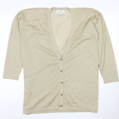 Lisa International Women’s Gold Knit V-Neck Button Cardigan Size S