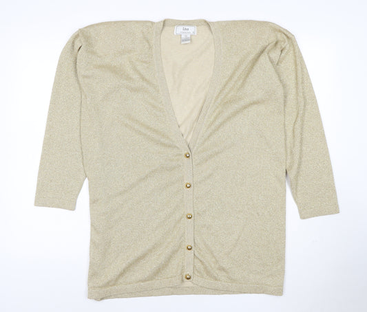 Lisa International Women’s Gold Knit V-Neck Button Cardigan Size S
