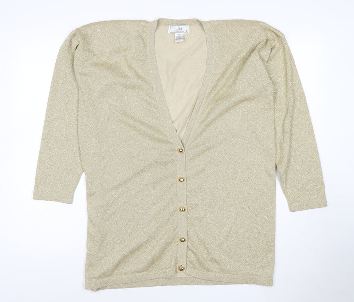 Lisa International Women’s Gold Knit V-Neck Button Cardigan Size S