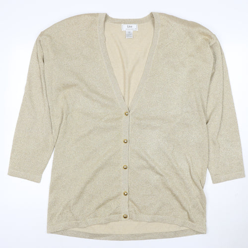 Lisa International Women Gold M V-Neck Button Knit Cardigan