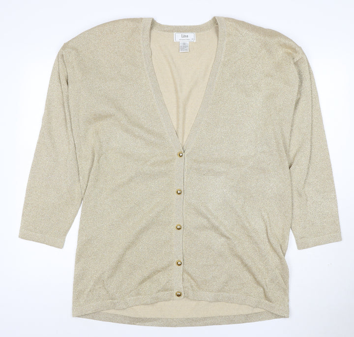 Lisa International Women Gold M V-Neck Button Knit Cardigan