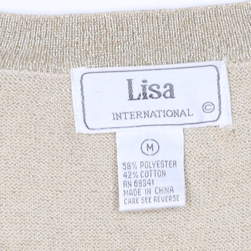 Lisa International Women Gold M V-Neck Button Knit Cardigan