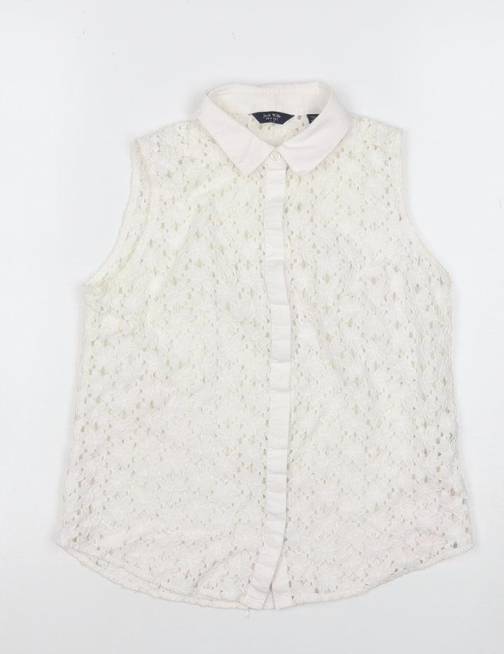 Jack Wills Women Ivory UK 6 Sleeveless Lace Floral Collared Button Blouse