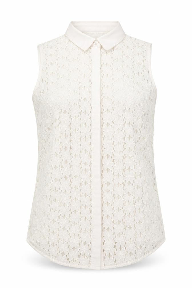 Jack Wills Women Ivory UK 6 Sleeveless Lace Floral Collared Button Blouse