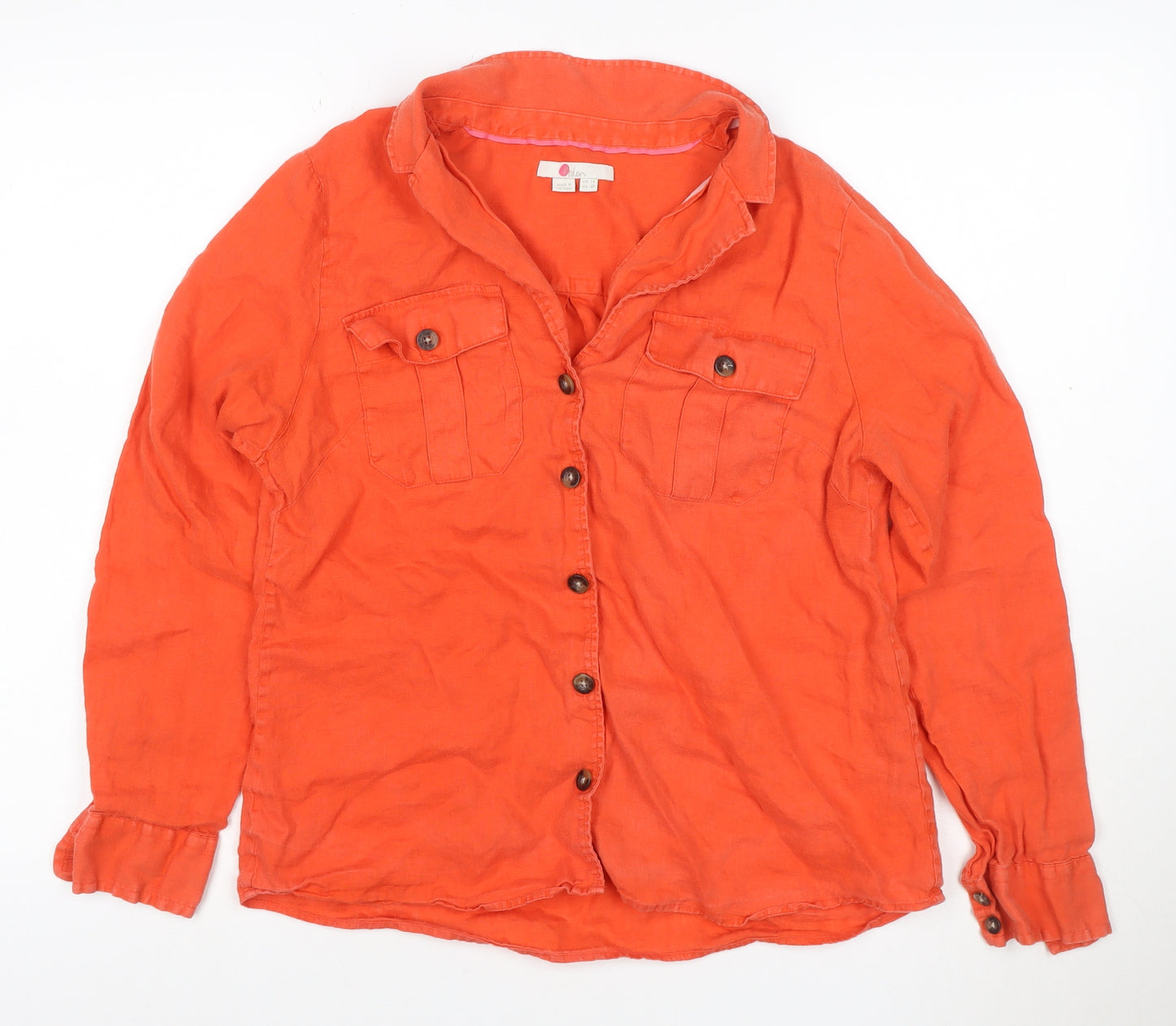 Boden Women Orange UK 14 Linen Button-Up Long Sleeve Shirt Pockets