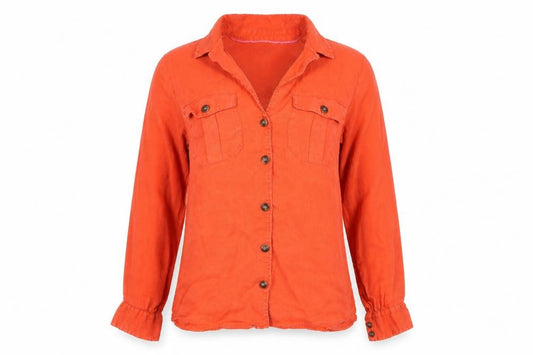 Front view of Boden Women Orange UK 14 Linen Button-Up Long Sleeve Shirt Pockets
