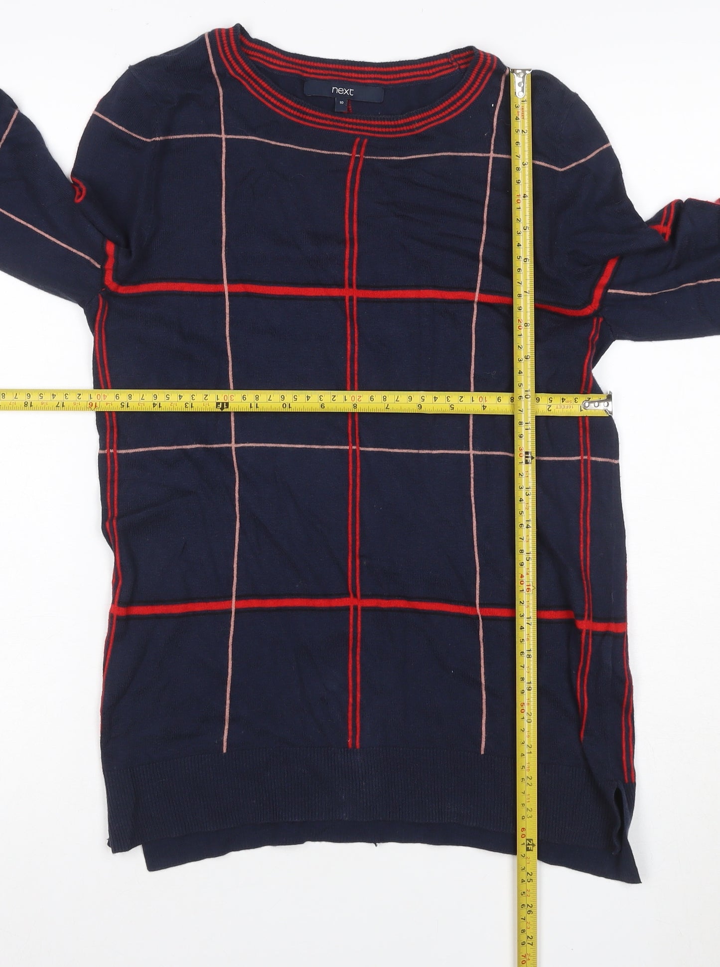 Next Women Blue UK 10 Check Knit Tunic Balloon Sleeve Top