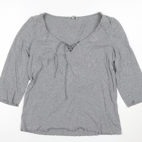 Per Una Women Grey UK 18 Embroidered Floral Lace-Up 3/4 Sleeve Blouse