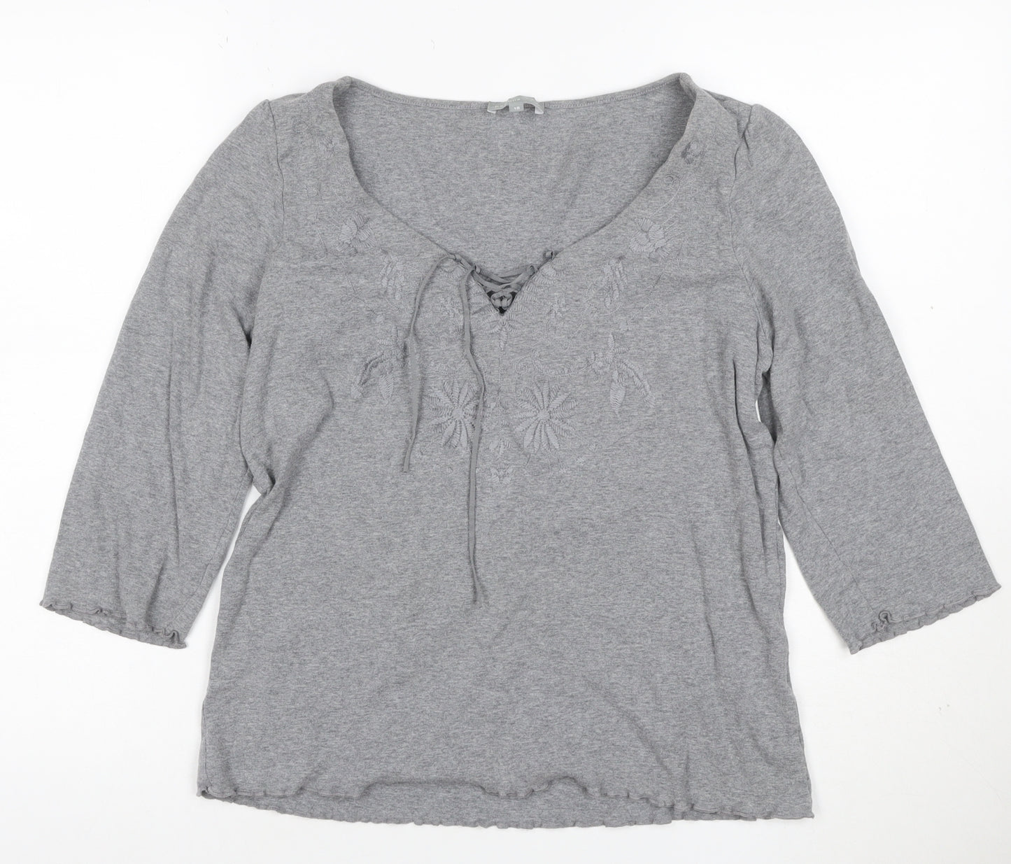 Per Una Women Grey UK 18 Embroidered Floral Lace-Up 3/4 Sleeve Blouse