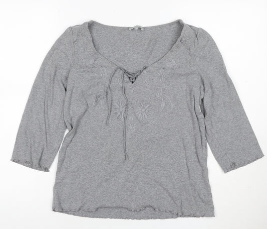 Per Una Women Grey UK 18 Embroidered Floral Lace-Up 3/4 Sleeve Blouse
