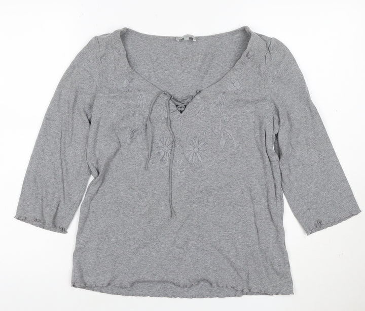 Per Una Women Grey UK 18 Embroidered Floral Lace-Up 3/4 Sleeve Blouse