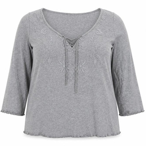 Per Una Women Grey UK 18 Embroidered Floral Lace-Up 3/4 Sleeve Blouse