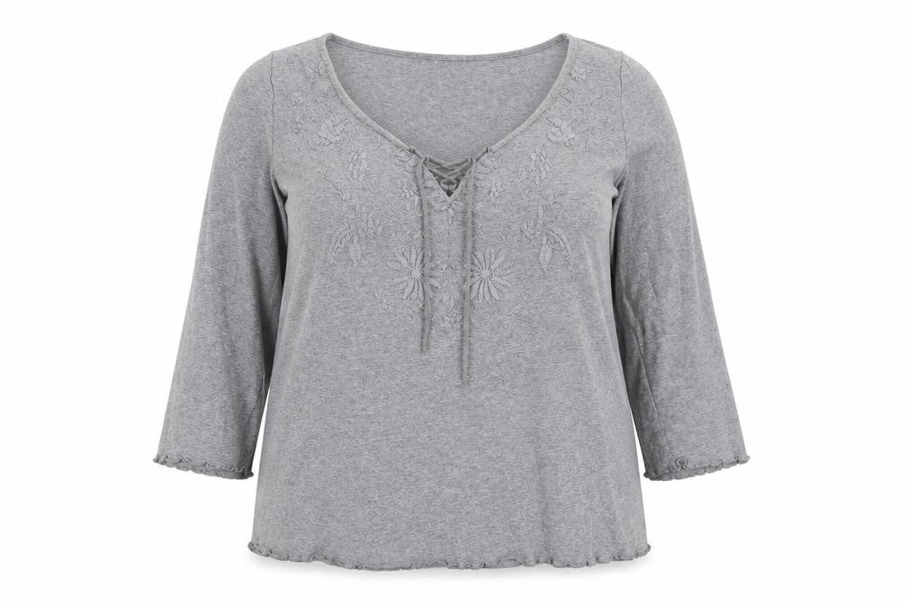 Per Una Women Grey UK 18 Embroidered Floral Lace-Up 3/4 Sleeve Blouse