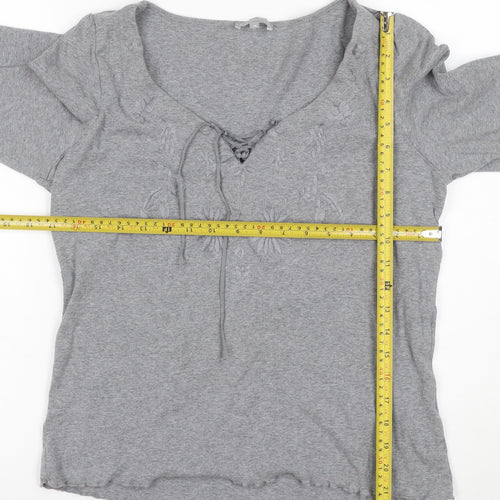 Per Una Women Grey UK 18 Embroidered Floral Lace-Up 3/4 Sleeve Blouse